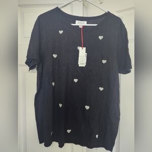 NWT Elle Black Short Sleeve Rhinestone Heart Sweater sz XXL